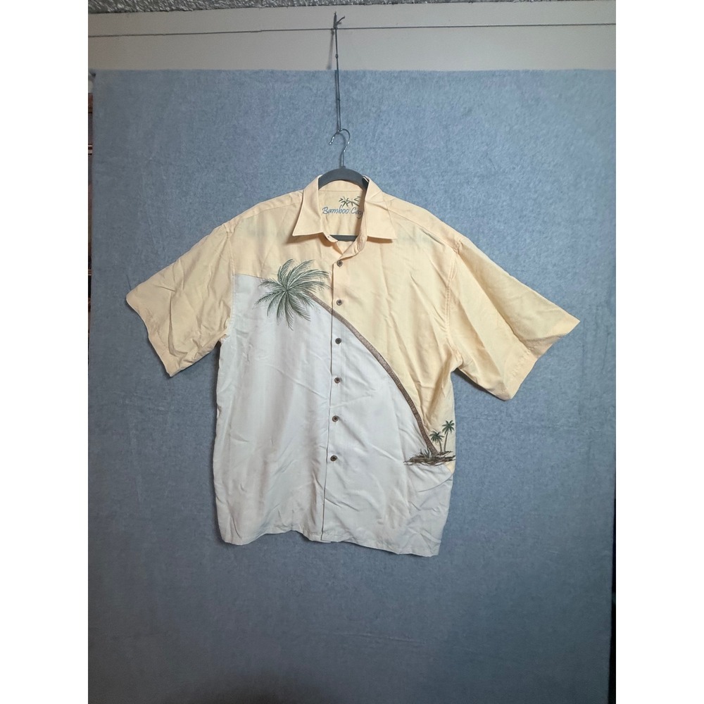 Bamboo Cay Mens Large Palm Tree Embroidered Modal Blend Camp Shirt Yellow Cream
